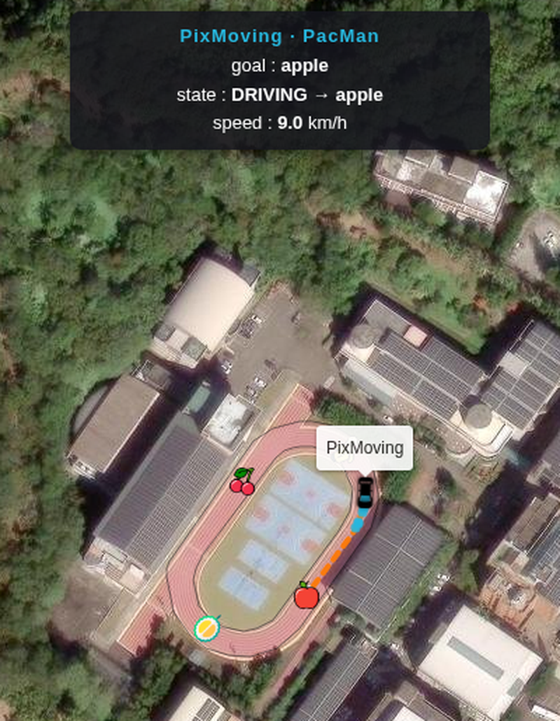 Autonomous patrol/mission vehicle OCC: plan a start→goal route, navigate to a target stop point, live trajectory and remote commands.