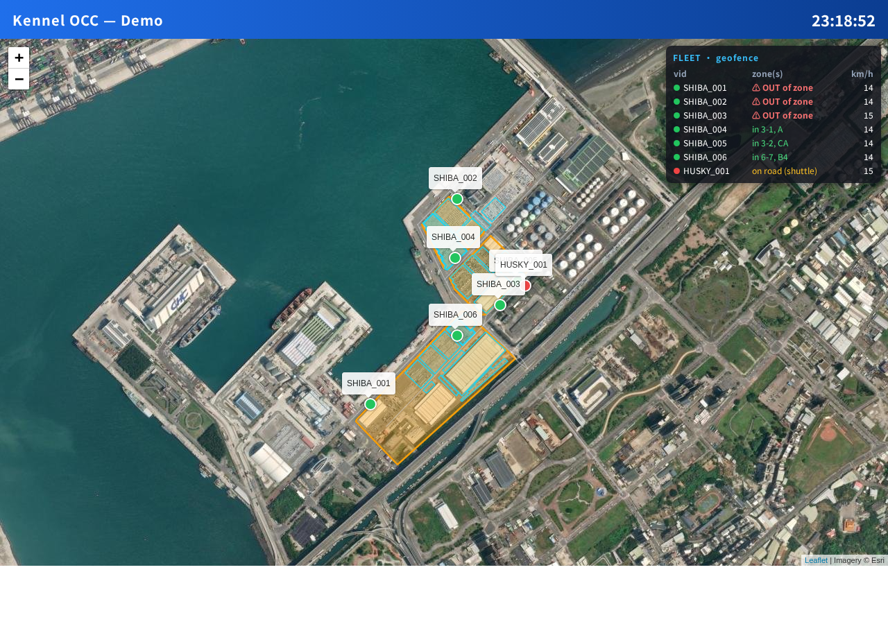 Port AV/work-vehicle fleet OCC: live positions + geofence-zone monitoring (point-in-polygon: which zone a vehicle is in / whether it left), vehicles driving the port roads.