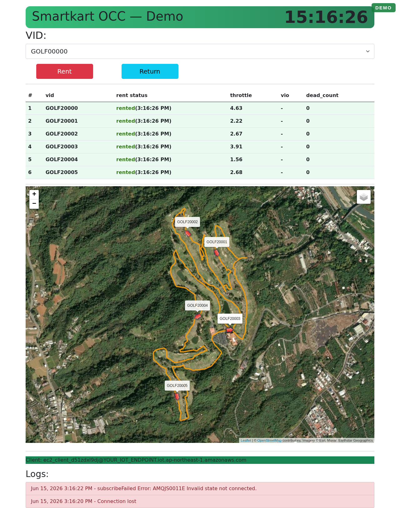 Self-driving golf-cart fleet OCC: live fleet positions on a satellite map, rent/return status, speed and routes.
